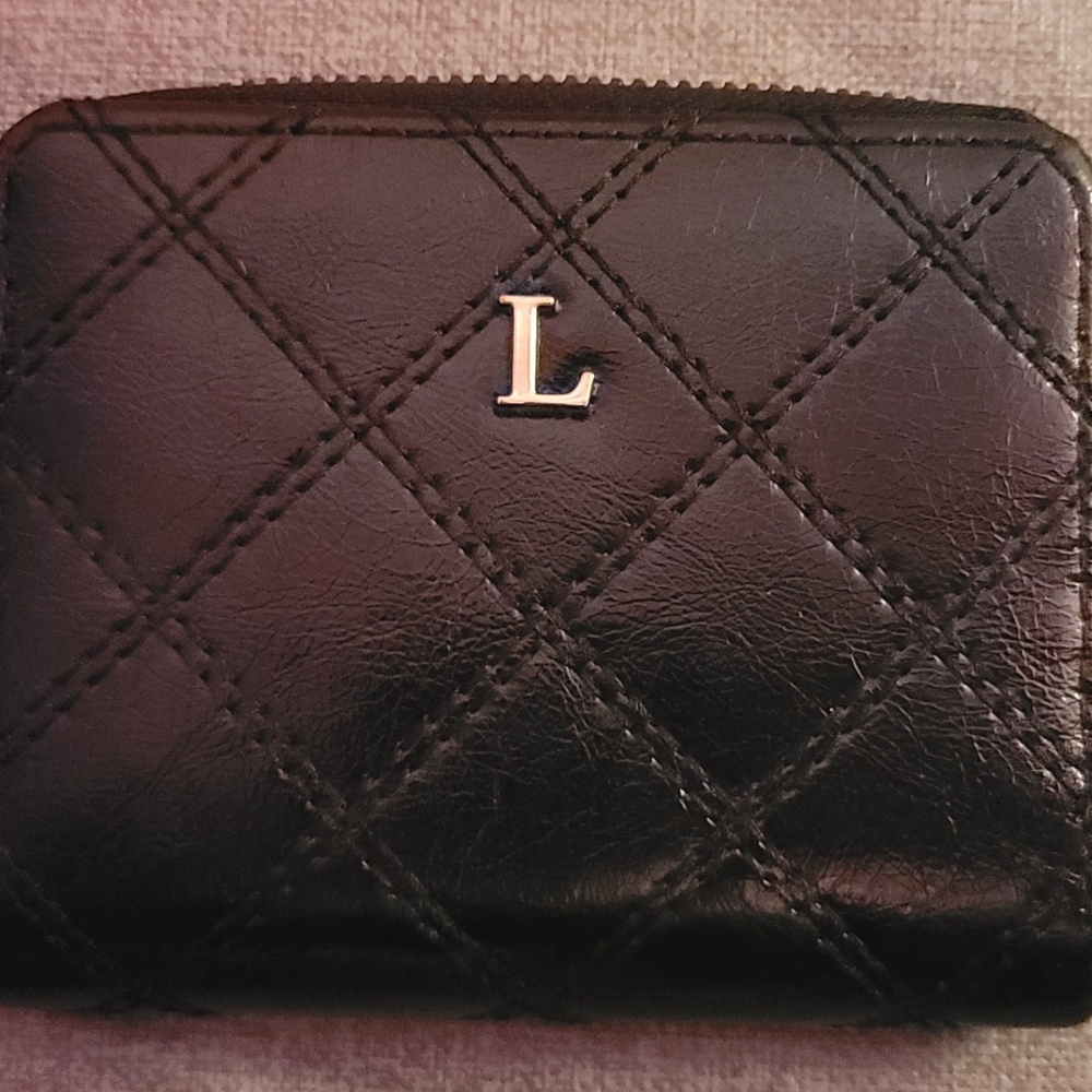Quilted Black Wallet with 'L' Accent